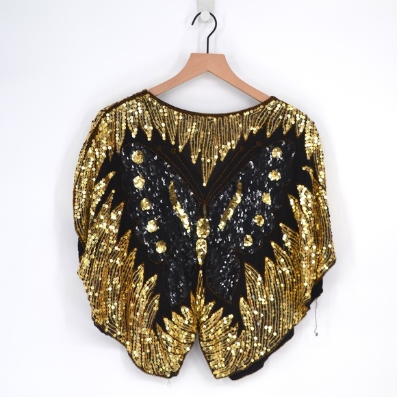 Vintage 80s VTG Butterfly Disco Sequined Silk Bolero Blouse Top Gold and Black - Picture 2 of 6